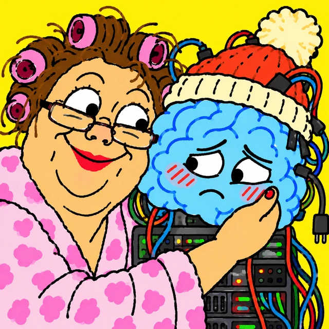 Mom squeezing the brain's cheek in front of the servers while he looks away